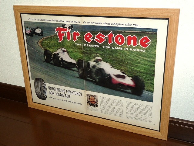 1964年 USA 60s 洋書雑誌広告 額装品 Firestone (A3size) /検索用 INDY500 A.J. Foyt インディー500 店舗 看板 ガレージ ディスプレイ 装飾_画像1