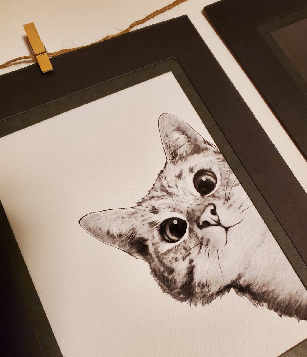 猫の雑貨　HANAKO　子猫の版画　猫のキャンパスアート　３点セット　２L　ペーパーフレーム付き　モノトーン_画像2
