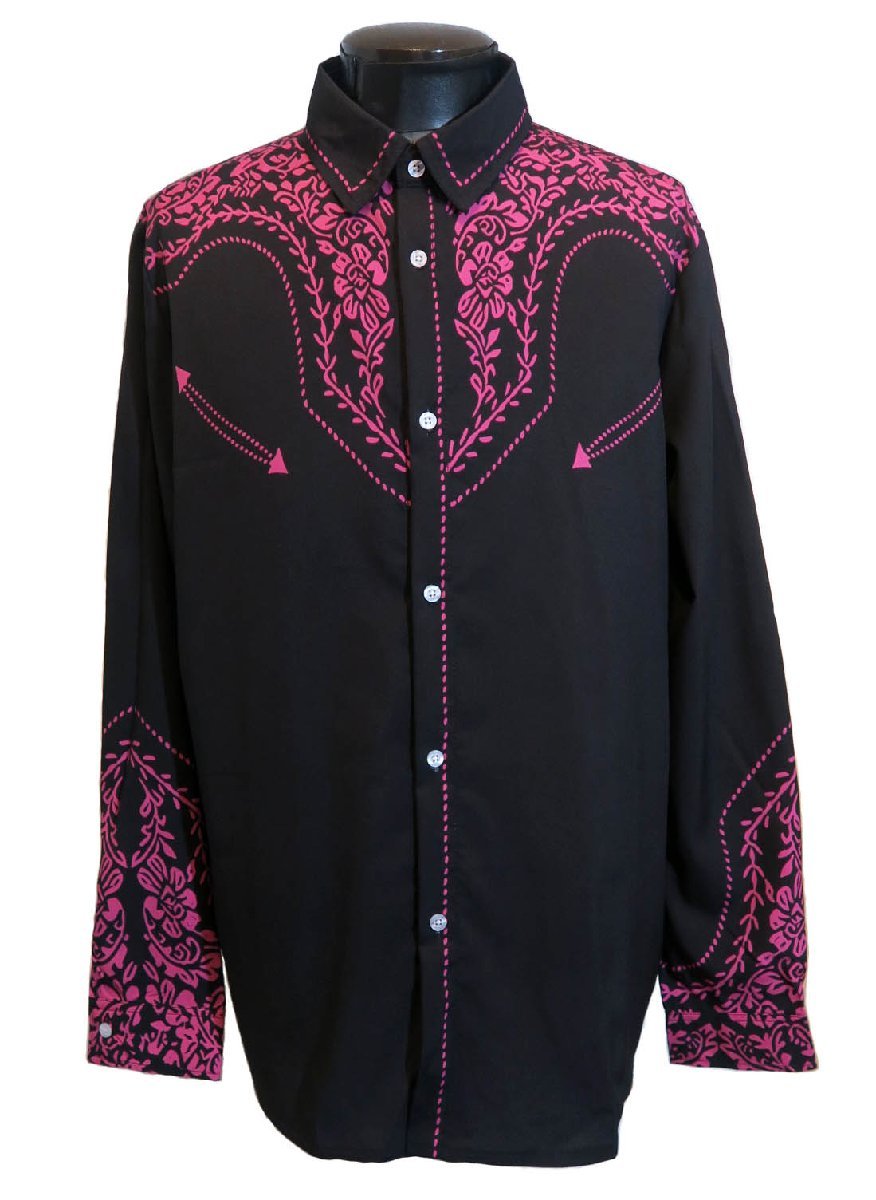  new goods XL size western shirt 2123 black × pink BLACK floral print shirt beautiful . pattern shirt kau Boy rockabilly lock mode visual series 