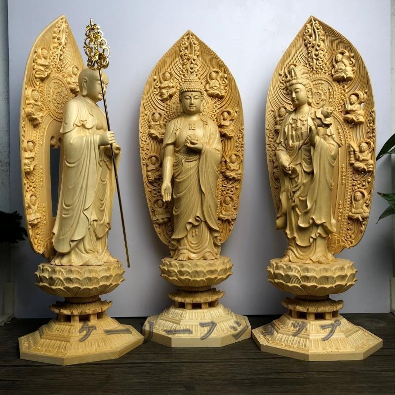 ケーリーフショップ】 仏教美術 精密彫刻 仏像 木彫 阿弥陀三尊像 檜木 