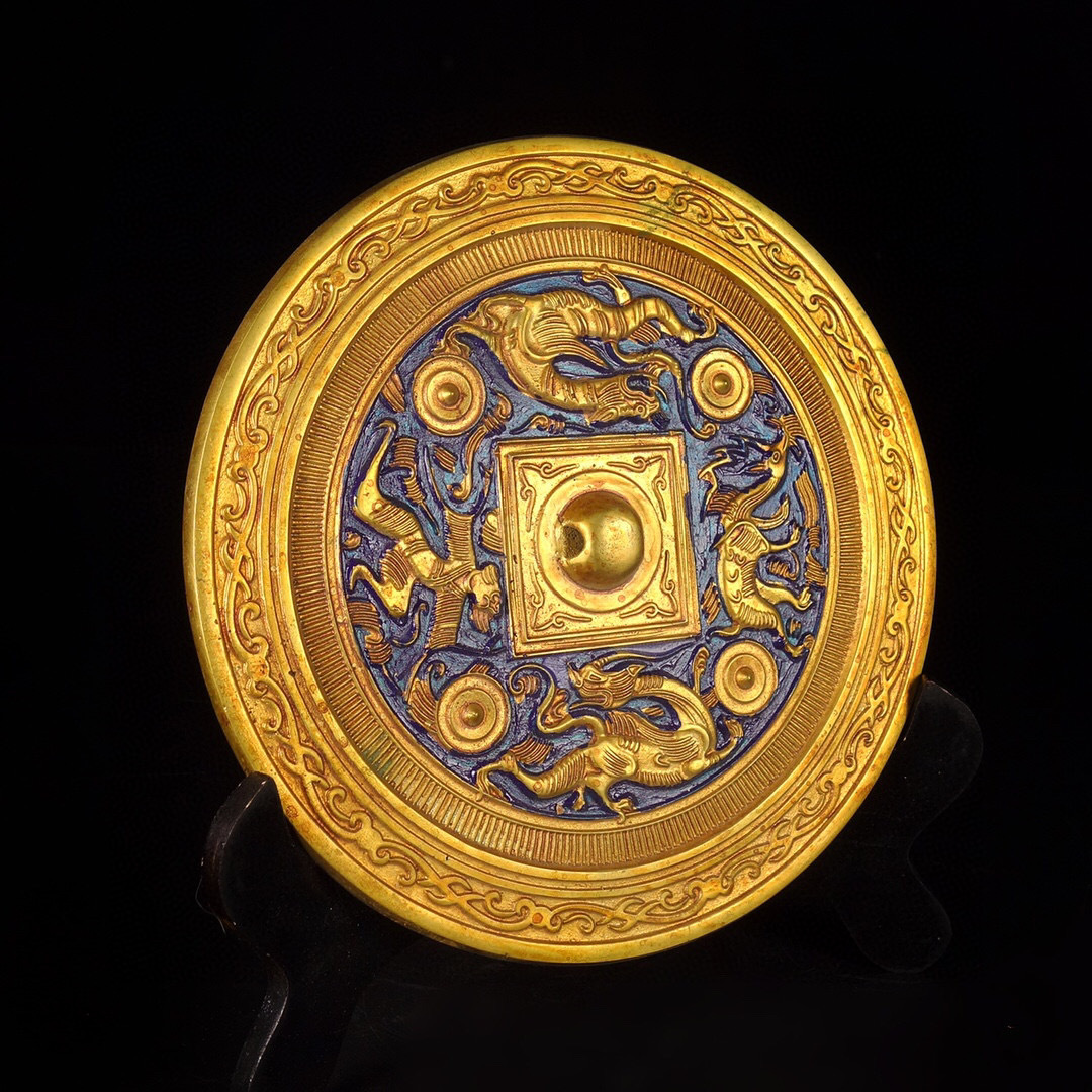 館蔵珍品 銅製 塗金 景泰藍 神獣紋 燒制鏡』置物 賞物 貴重物品 収蔵品