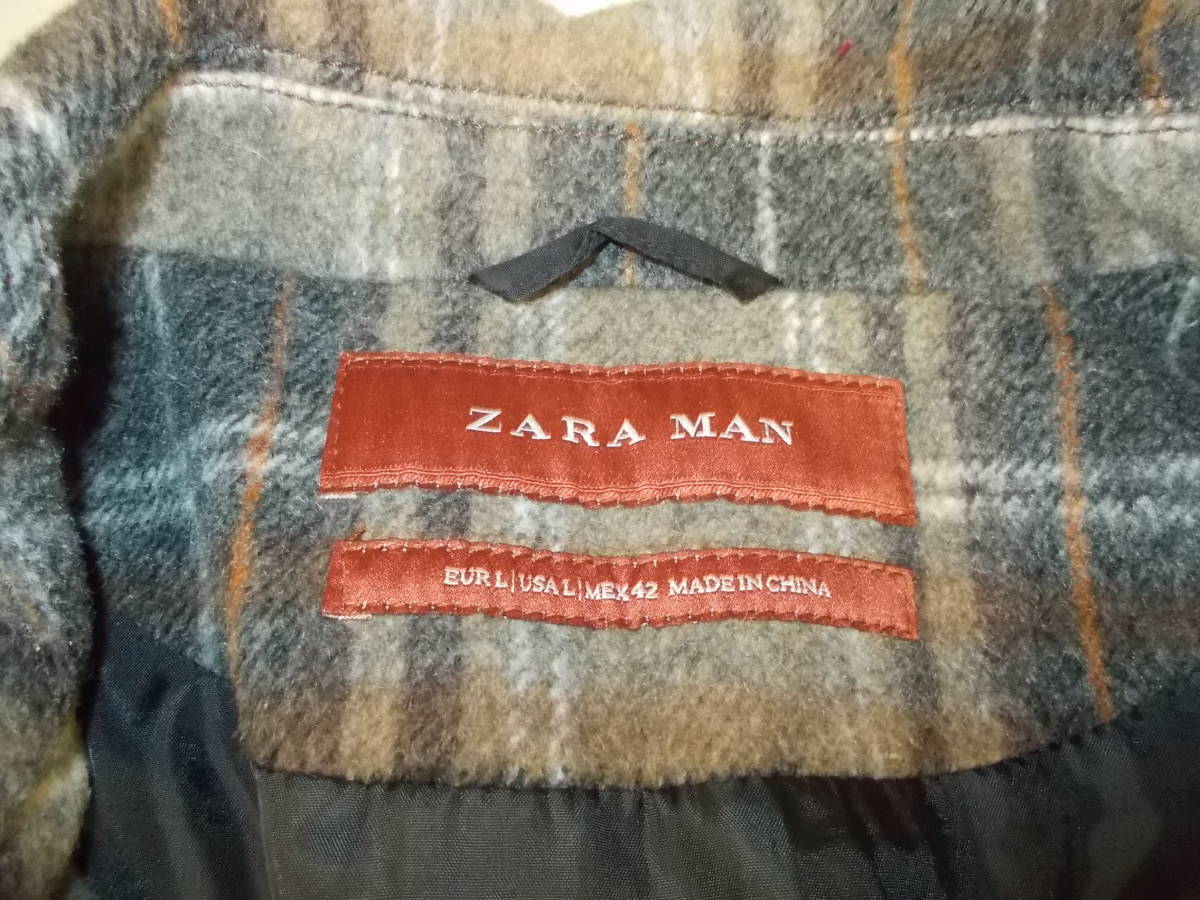 e148◆ZARA MAN ウールジャケット◆サイズL ザラマン シャギー地風 ウールブルゾン チェック柄 メンズ ポリ羊毛アクリルナイロン混紡 5Cの画像5