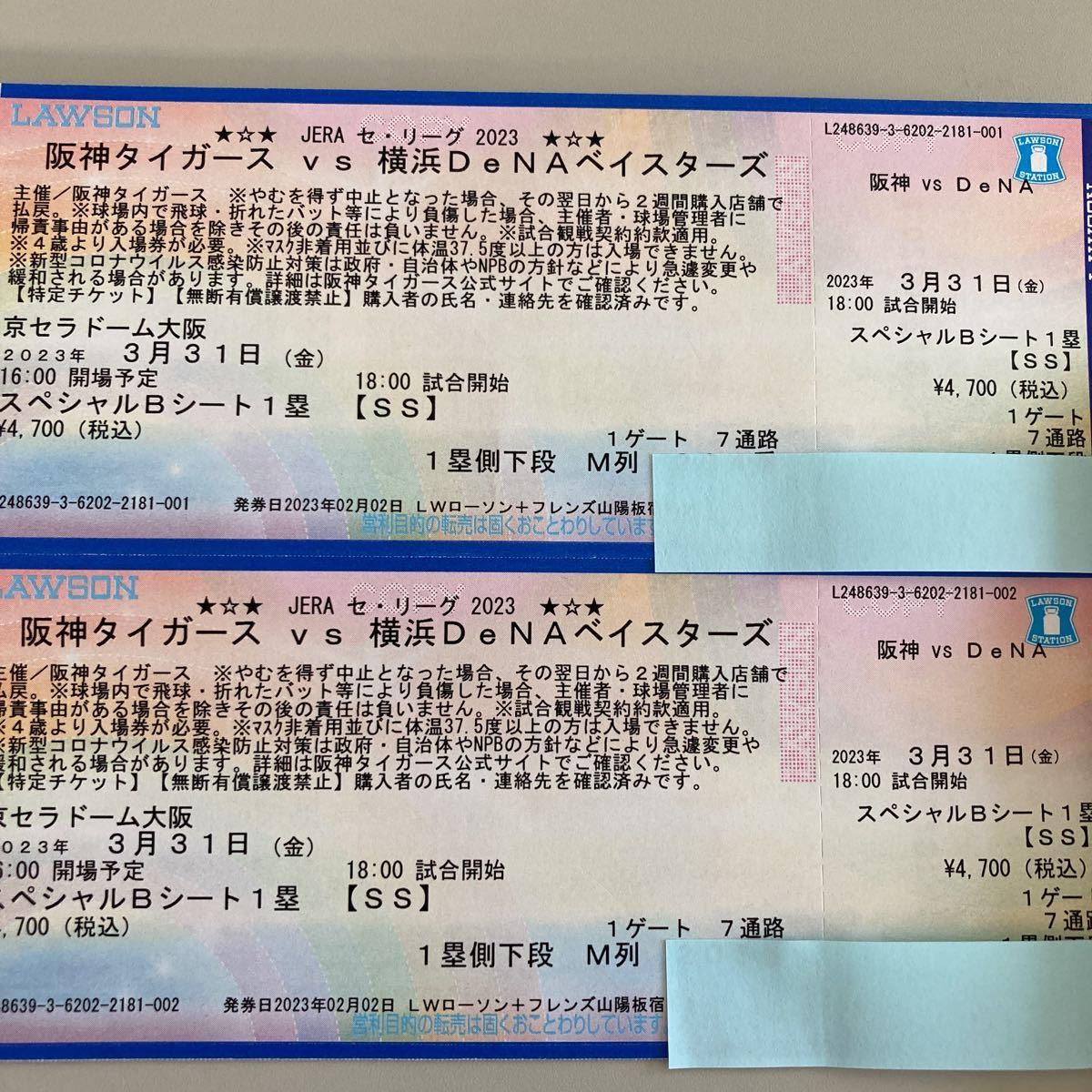 3/31 阪神対横浜スペシャルBシート1塁側下段M列200番代　ペア_画像1