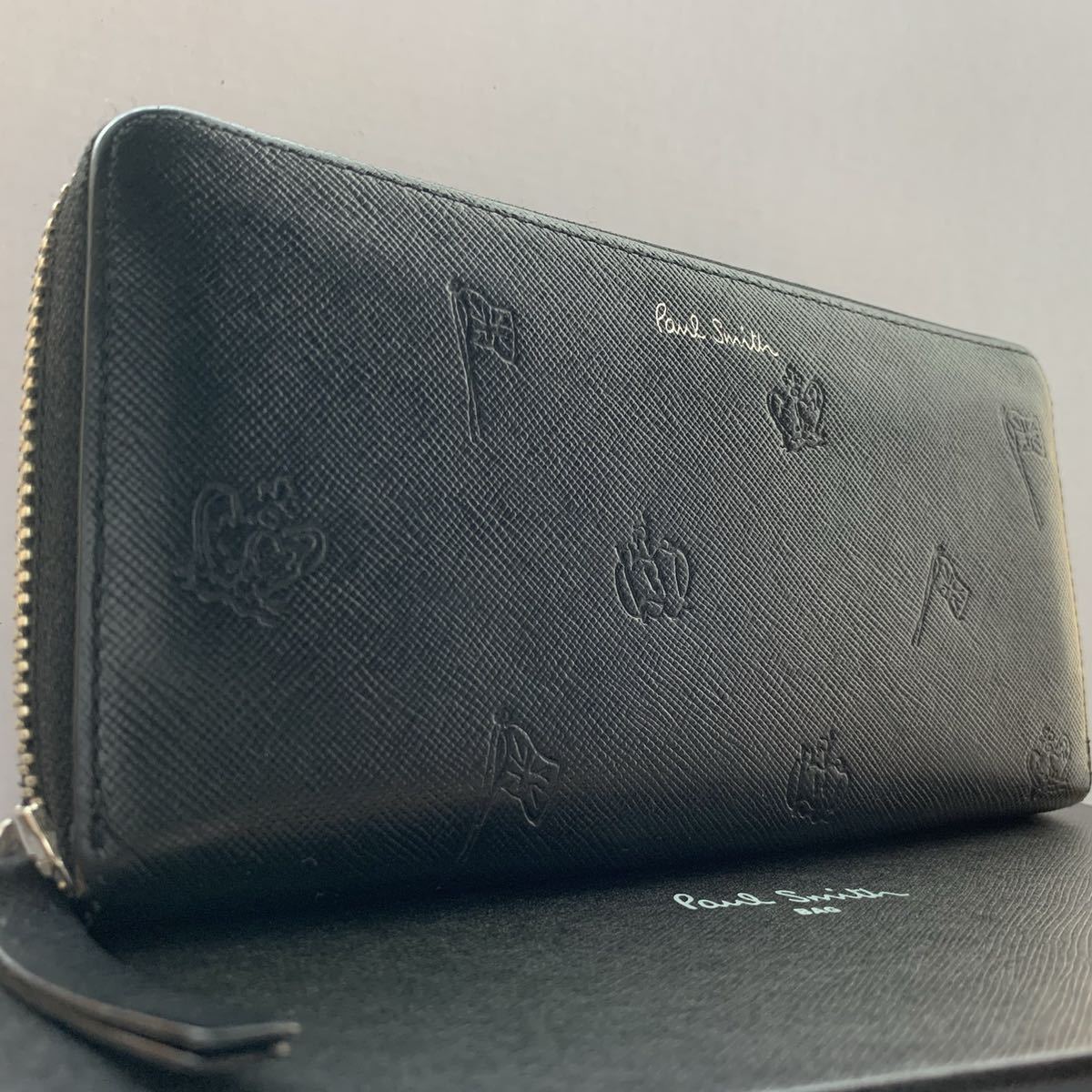 【付属品あり極美品】ポールスミス Paul Smith ラウンドファスナー 長財布 ポールドローイング 型押し ブラック 黒 メンズ レディース