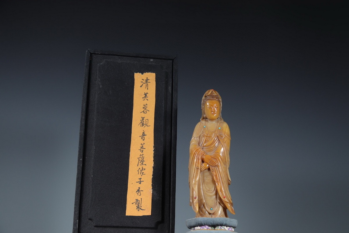 ◆明神◆極上珍品・中国・清時代・寿山石彫・観音立像・手彫り・共箱・中国古美術・古董品・古彫件