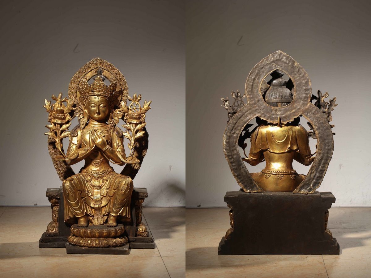 ◆明神◆極上珍品・中国・清時代・銅金彫・塗金度母座像・金水厚重・旧蔵・仏教文化・仏教美術・古美術・古董品