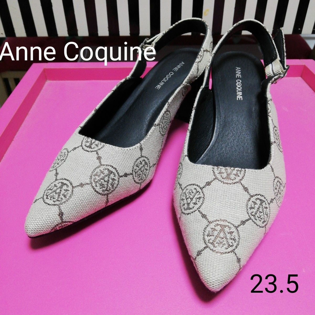 【新品】Anne Coquine アンコキーヌ★ストラップ付モノグラムジャガードパンプス★QVC★23.5cm 