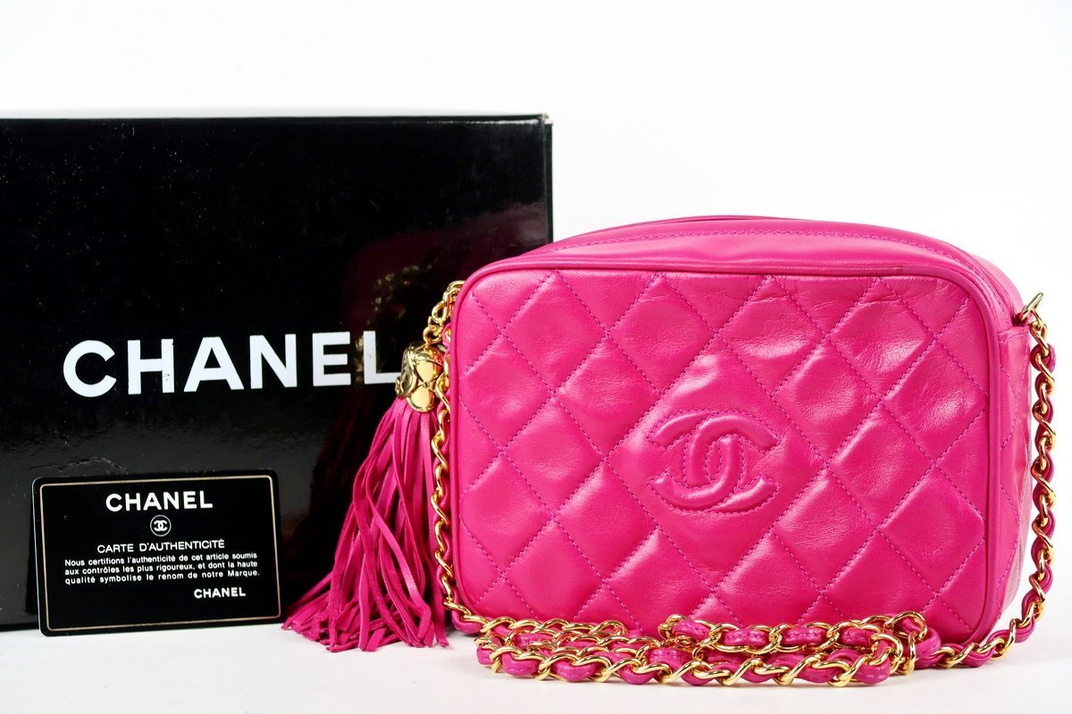 【超美品】CHANEL シャネル チェーンショルダーバッグ フリンジ ラムスキン ピンク系【NV4】_画像1