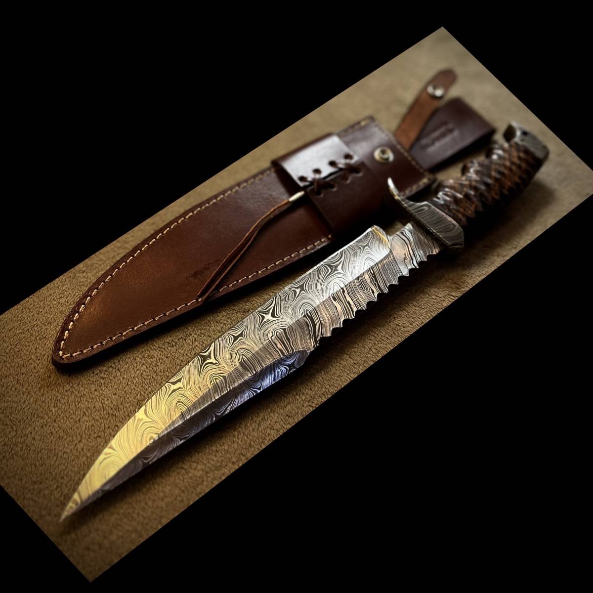 訳あり☆全長41.5cm イギリス IMPACT製 ダマスカス鋼 ナイフ カスタム
