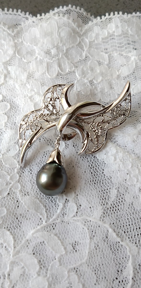 【福袋セール】  黒蝶真珠12mm　ゆらゆら揺れる パールブローチ　silver刻印 黒蝶（くろちょう）真珠