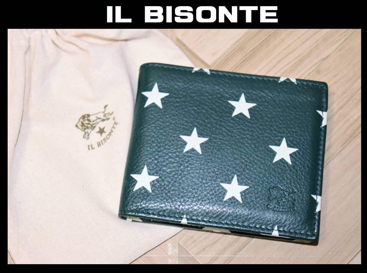 送料無料 特価即決【未使用】 IL BISONTE 牛革 二つ折り 星柄