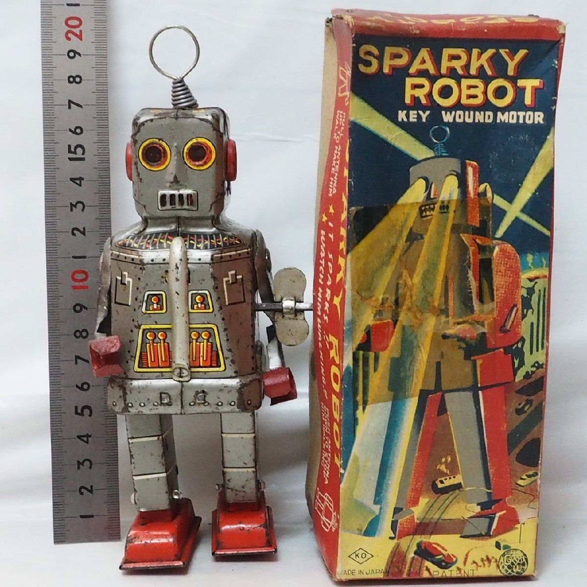 KO【SPARKY ROBOT スパーキーロボット ゼンマイ動作不良】当時物 ブリキ製ロボット TIN TOY 昭和レトロ■吉屋【箱付】0482