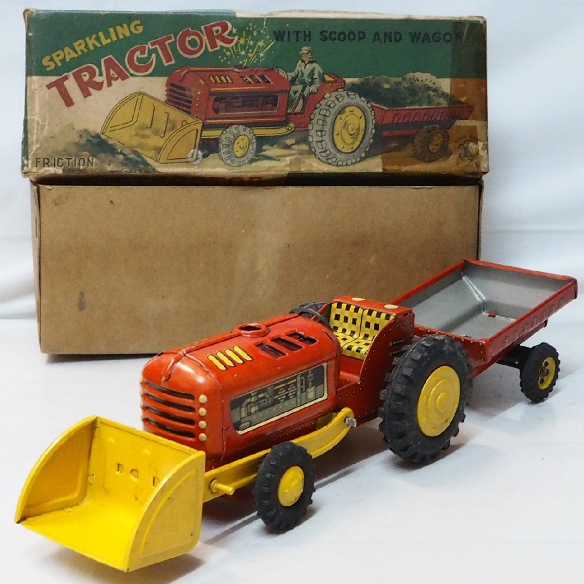 光球商会【SPARKLING TRACTOR WITH SCOOP AND WAGON トラクター耕運機ワゴン付 発火不良】ブリキ玩具TIN TOY昭和レトロ■K【箱付】0484