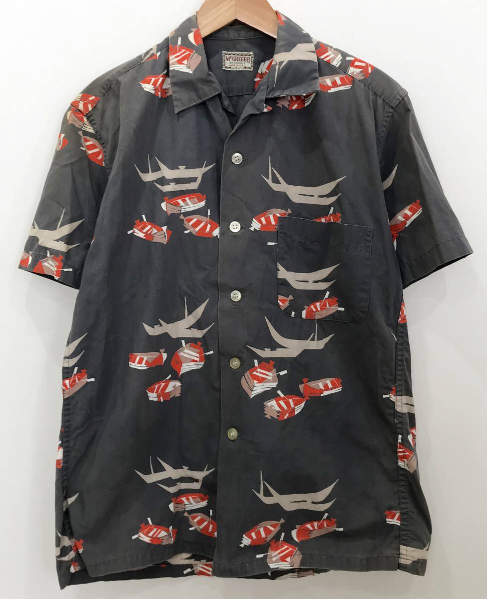 USA製 McGREGOR WASHABLE 総柄 アロハシャツ 船 ボート オープンカラー 50's 60's 旧タグ 古着 ヴィンテージ マックレガー SIZE：S■0315K_画像1