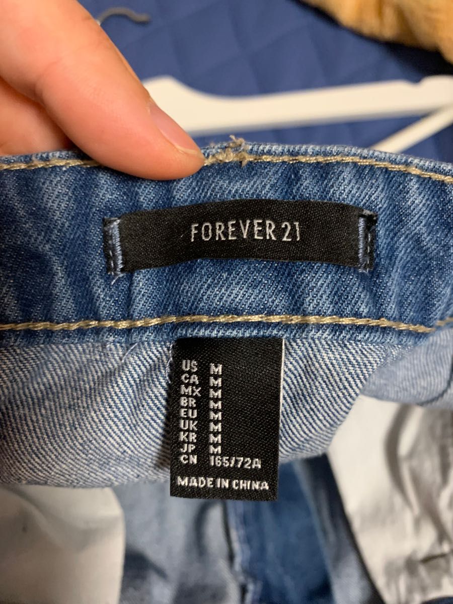 デニム　スカート　ダメージ　カットオフ　膝丈　ブルー　forever21 M デニムスカート