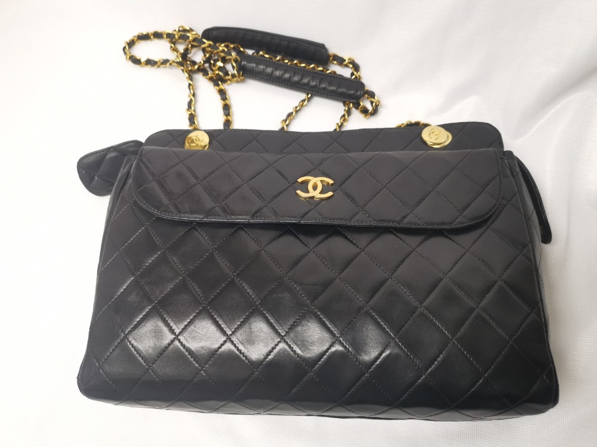 CHANEL シャネル マトラッセ ラムスキン チェーントートバッグ ブラック ゴールド_画像3