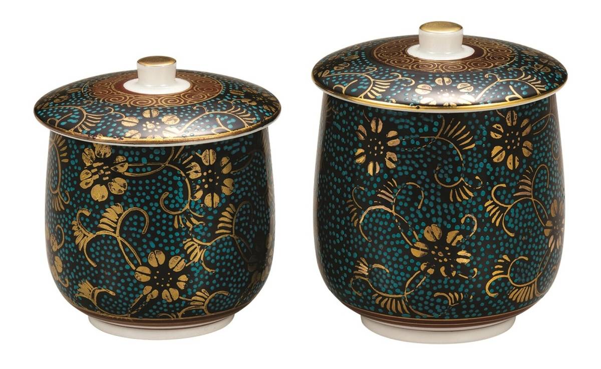 九谷焼！ ☆青粒鉄仙・蓋付組湯呑☆ K8-728 新品 汲出 煎茶 ほうじ茶 茶器 ギフト