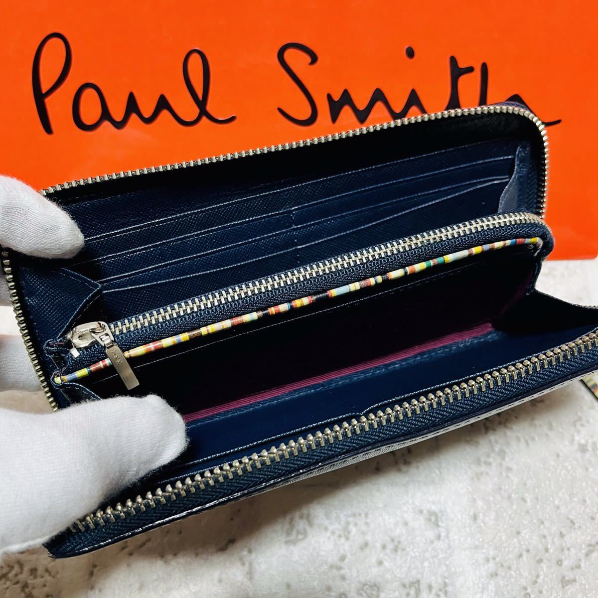 良品 ポールスミス PaulSmith ジップストローグレイン 長財布 ロングウォレット ラウンドファスナー ネイビー PSK869 メンズ 8247_画像6