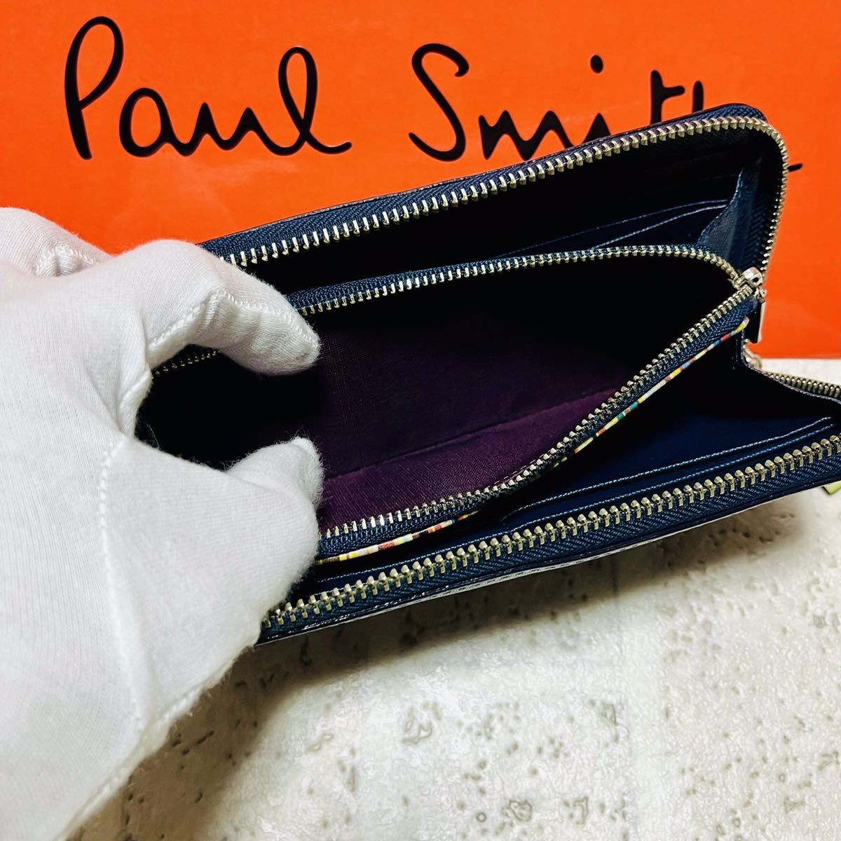 良品 ポールスミス PaulSmith ジップストローグレイン 長財布 ロングウォレット ラウンドファスナー ネイビー PSK869 メンズ 8247_画像7