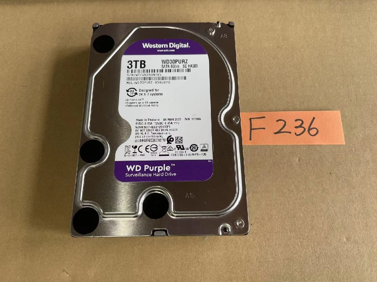 送料無料 Western Digital WD30PURZ Purple 3TB 3.5インチ SATA HDD3TB 使用時間16315H★F236の画像1