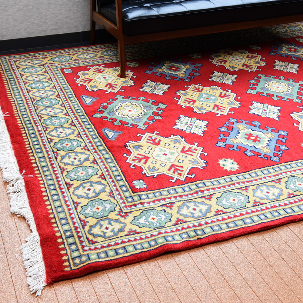 パキスタン絨毯 手織 ウール 赤系 ラグ 幾何学模様 オクタグラム 約200