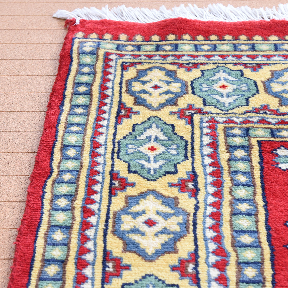 パキスタン絨毯 手織 ウール 赤系 ラグ 幾何学模様 オクタグラム 約200