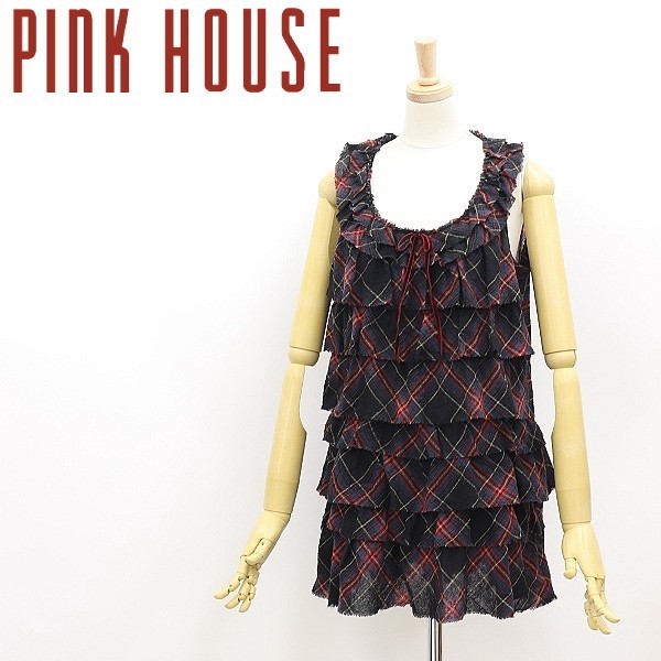 【超目玉】 リボン ウール チェック柄 ピンクハウス HOUSE ◆PINK フリル ミニワンピース チュニック ノースリーブ ティアード ワンピース(ミニ) 【超目玉】 リボン ウール チェック柄 ピンクハウス HOUSE ◆PINK フリル ミニワンピース チュニック ノースリーブ ティアード ワンピース(ミニ)