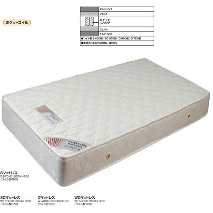 ポケットコイル ダブルサイズ マットレス Dベッド用 シンプル ポケットコイル ダブルサイズ マットレス Dベッド用 シンプル