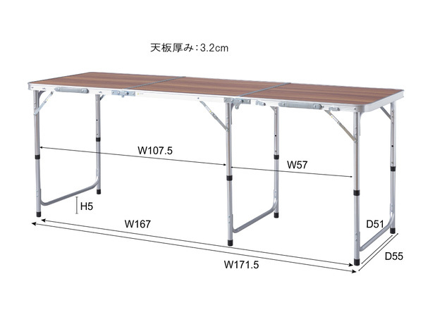 東谷 フォールディングテーブル ワイド D60 ブラウン W180×D60×H54/62/70 ODL-557 横幅180cm 高さ調節 3段階 メーカー直送 送料無料_画像2