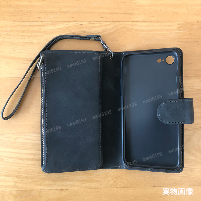 スマホケース iphone 7 8 se2 手帳型 財布一体型 小銭 カード イヤフォン 収納 機能 ブラック ファスナー ポケット 。の画像8
