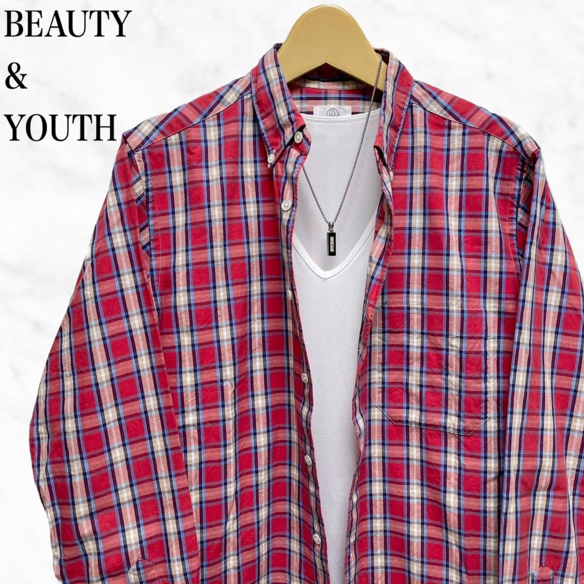 BEAUTY&YOUTH チェックシャツ　長袖シャツ　赤系　レッド_画像1