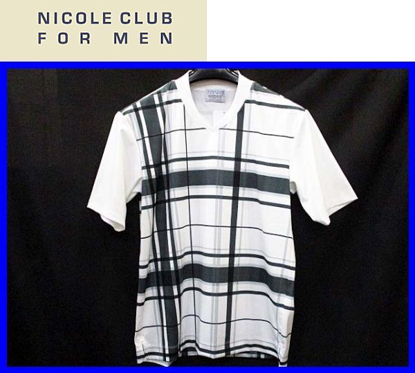 ★46(M)★\7590〓NICOLE CLUB FOR MEN ニコル〓ポンチ素材チェックプリント半袖Tシャツ91_画像1