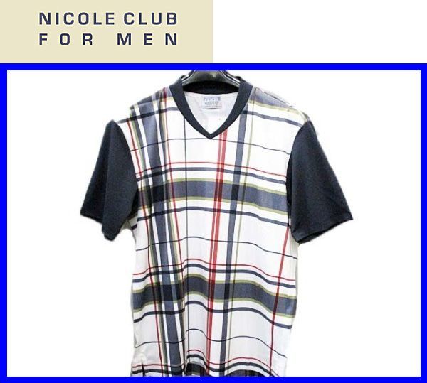 ★50(LL)★\7590〓NICOLE CLUB FOR MEN ニコル〓ポンチ素材チェックプリント半袖Tシャツ92_画像1