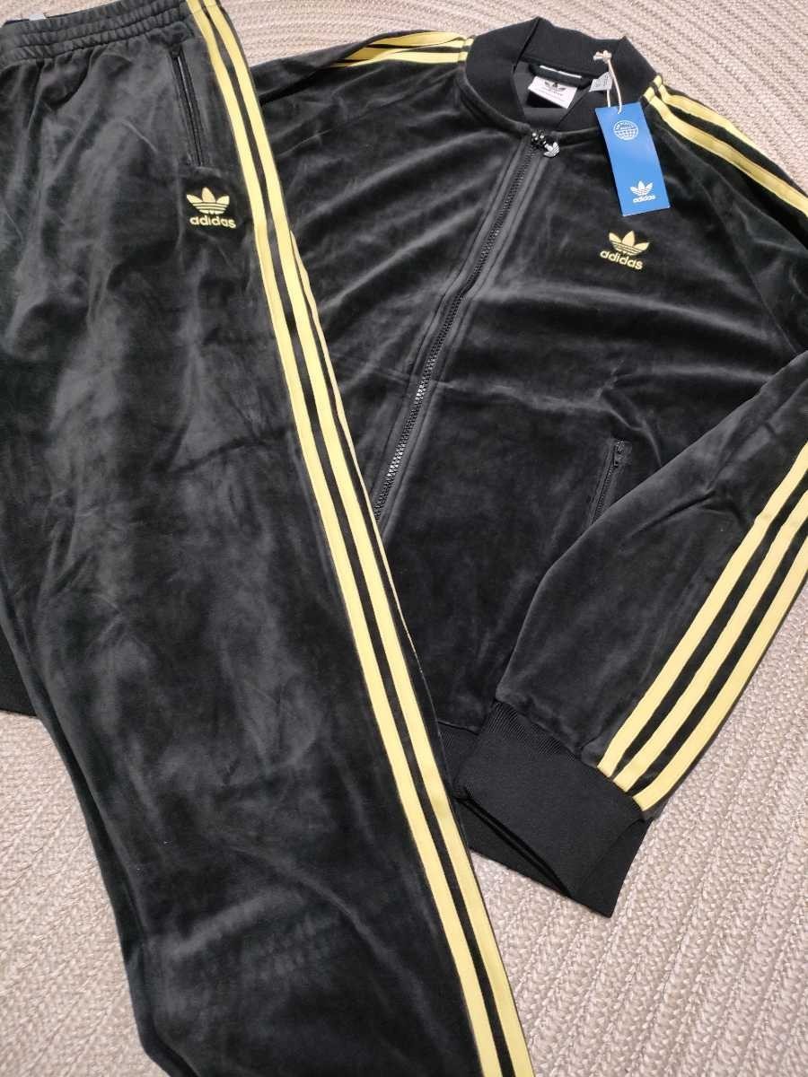 新品 定価22000 adidas ベロア ジャージ セットアップ M 黒×金 ブラック ジャケット パンツ メンズ 上下 アディダス オリジナルス 丸首_画像1