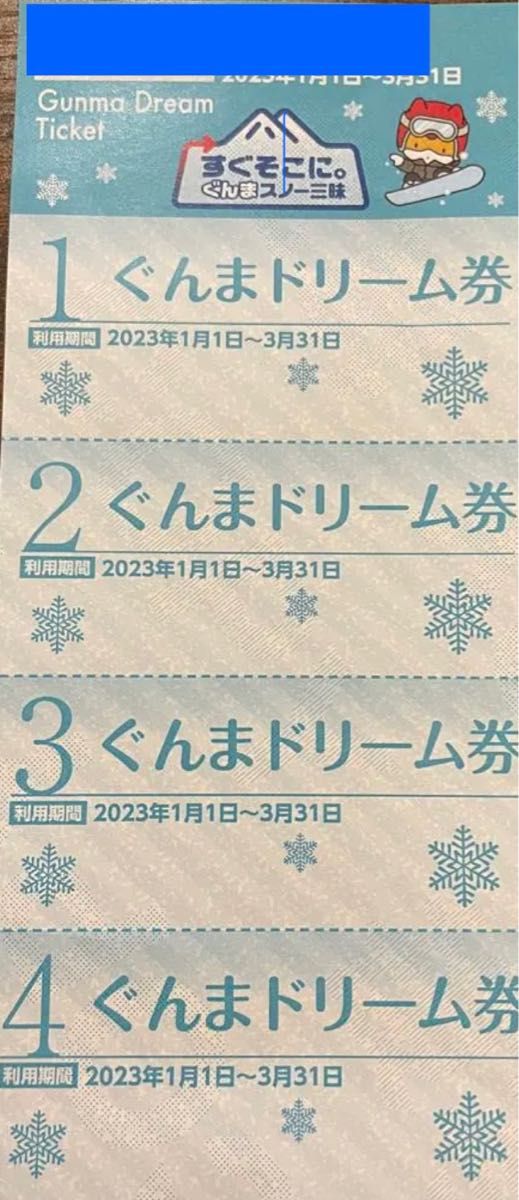 群馬県内各スキー場共通リフト1日引換券4枚 ぐんまドリーム券 丸沼&岩鞍&草津他