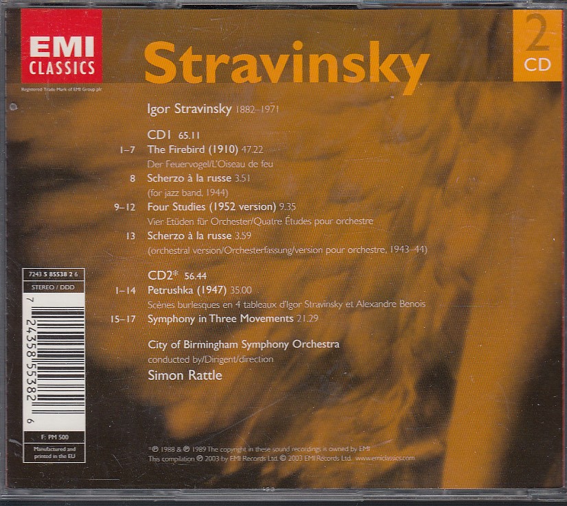 ラトル、バーミンガム/ストラヴィンスキー　火の鳥、ペトルーシュカ、他管弦楽曲輸入2CD美品状態良好_画像2