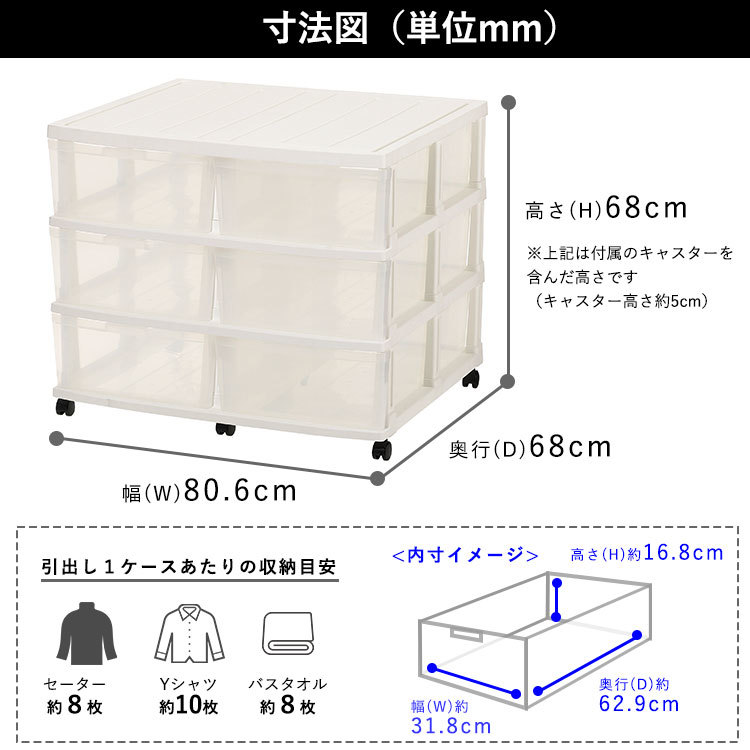 収納ケース 引き出し 幅80 収納ボックス おしゃれ チェスト 衣装ケースクローゼット リビング キャスター付き 日本製 6引出し_画像3