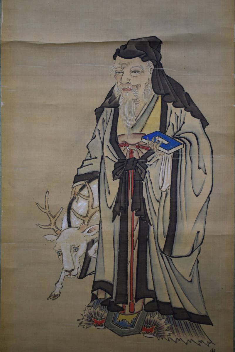 真作/周英/寿老人松鶴図/三福対/布袋屋掛軸HE-499 真作】/周英/寿老人松鶴図/三福対/布袋屋掛軸HE-499(花鳥、鳥獣
