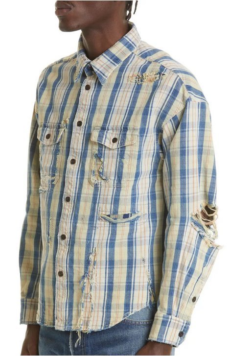 メンズvisvim 22ss クラッシュ加工 チェックシャツトップス