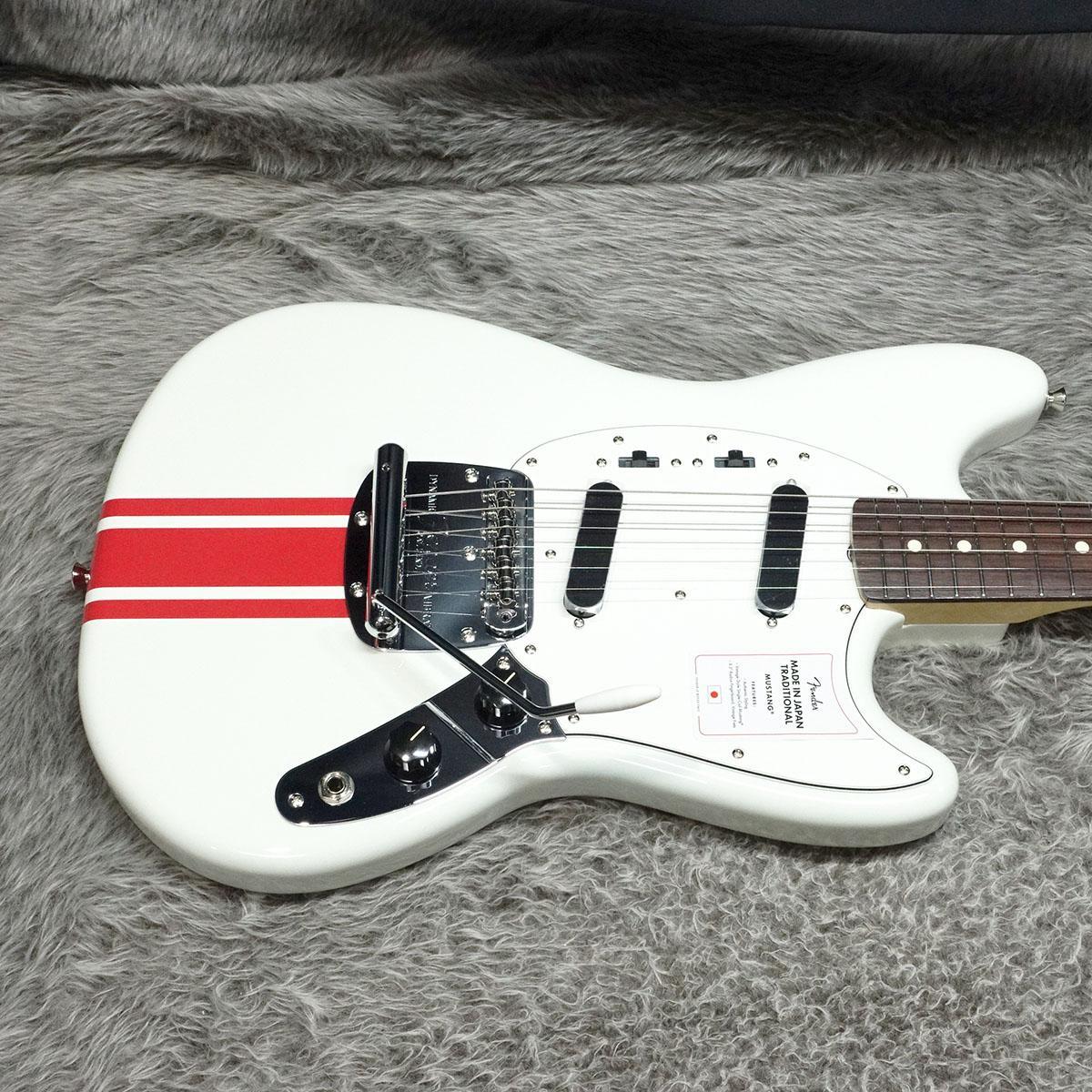 Fender 2023 Collection Made in Japan Traditional 60s Mustang RW Olympic White with Red Competition Stripe