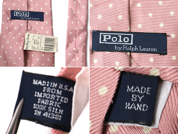 90s dead stock unused goods Polo Ralph Lauren 100% silk hand made dot polka dot necktie new goods POLO Ralph Lauren pink hand ..