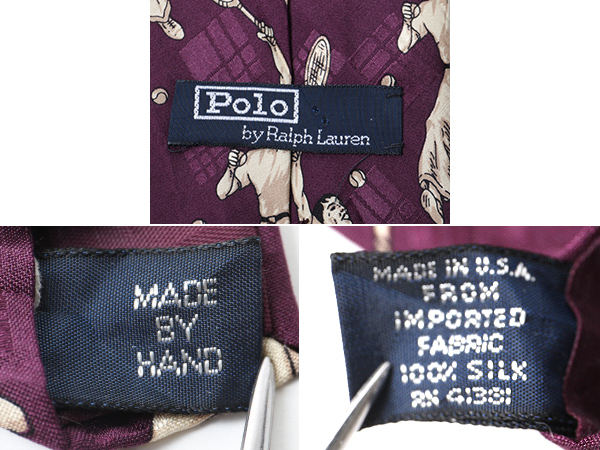 90s USA made Polo Ralph Lauren 100% silk hand made total pattern necktie men's 90 period POLO Ralph Lauren hand .. tennis player purple 