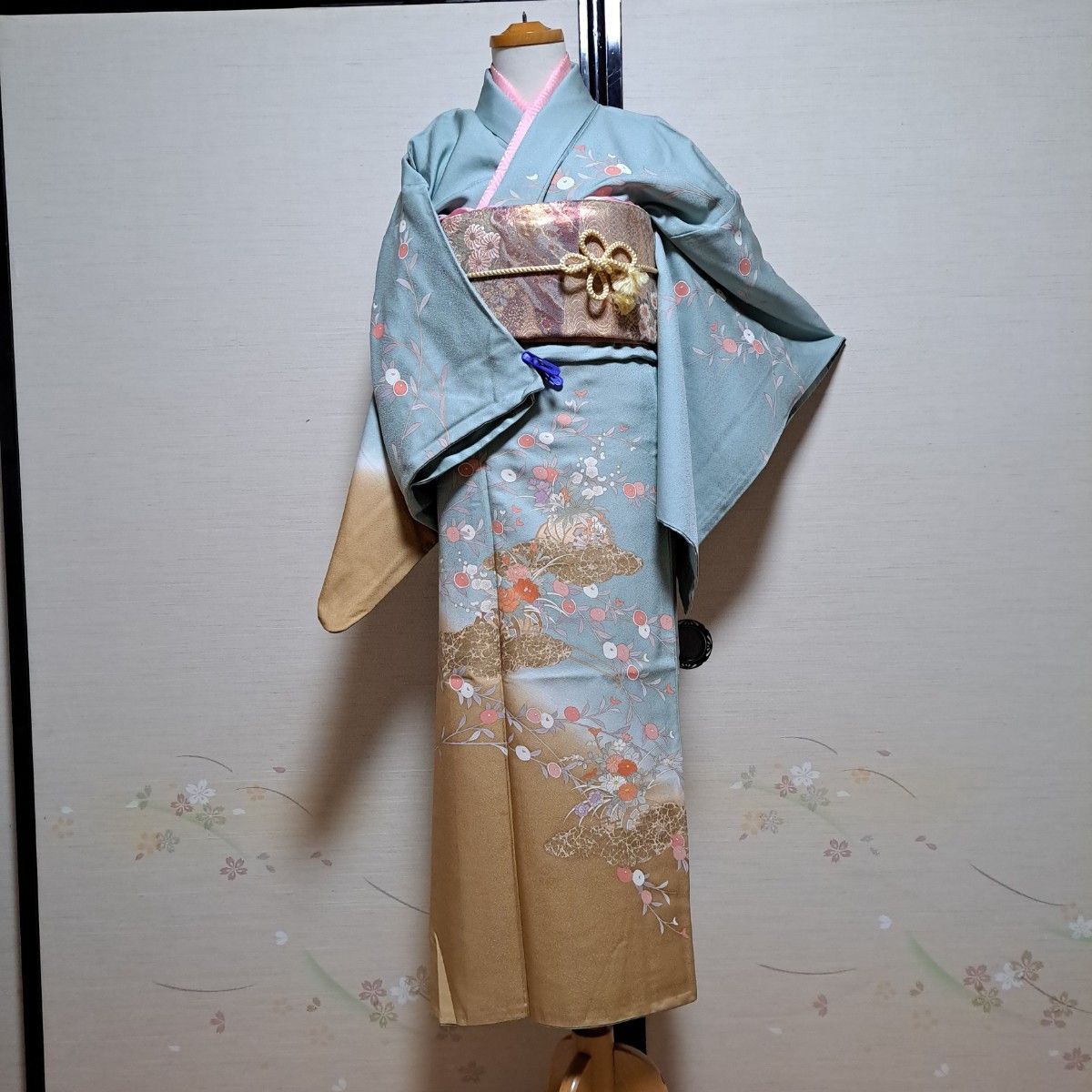 正絹 手描き 草花文 ぼかし染め 金彩 訪問着5点セット-