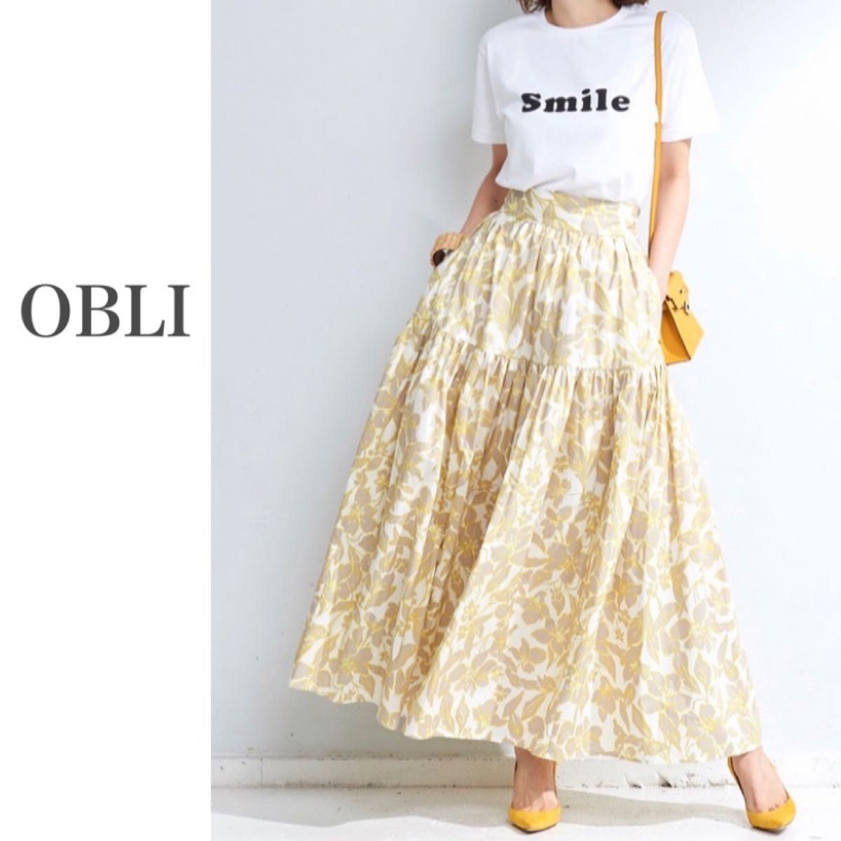 美品*OBLI オブリ*花柄 マキシスカート ロングスカート 日本製 フレアスカート ギャザースカート