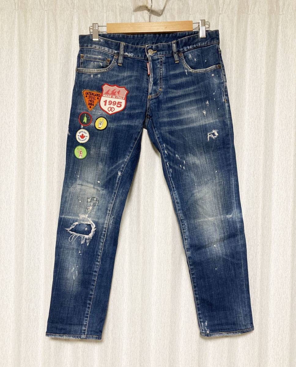 美品☆[DSQUARED2] 18SS Slim Jean ワッペン ストレッチスリム インディゴ デニムパンツ 46 イタリア製 S74LB0326 ディースクエアード_画像1