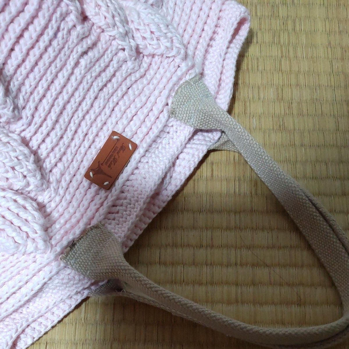 リーフ柄(浮き柄)ハンドメイドかぎ針トートバッグコットン薄ピンク手編み