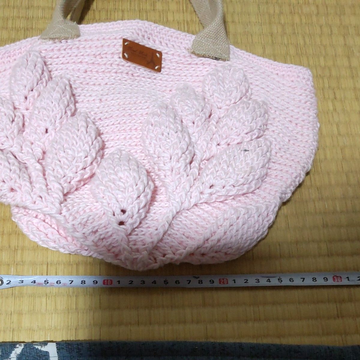 リーフ柄(浮き柄)ハンドメイドかぎ針トートバッグコットン薄ピンク手編み