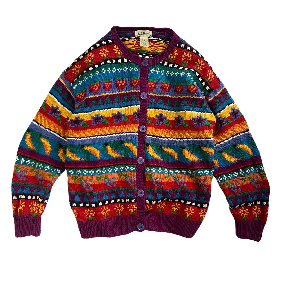 【1970〜80s】L.L.Bean ハンドメイド　コットンニットカーディガン　刺繍　セーター　デザイン　カラフル　コットン　ローゲージ　古着