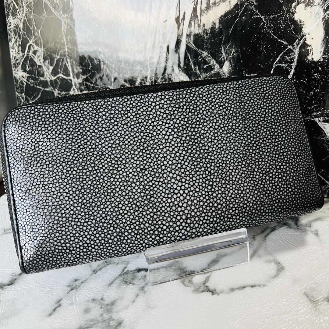 新品 スティングレイ長財布 フラット加工 メンズ エイ革 ブラック 本皮
