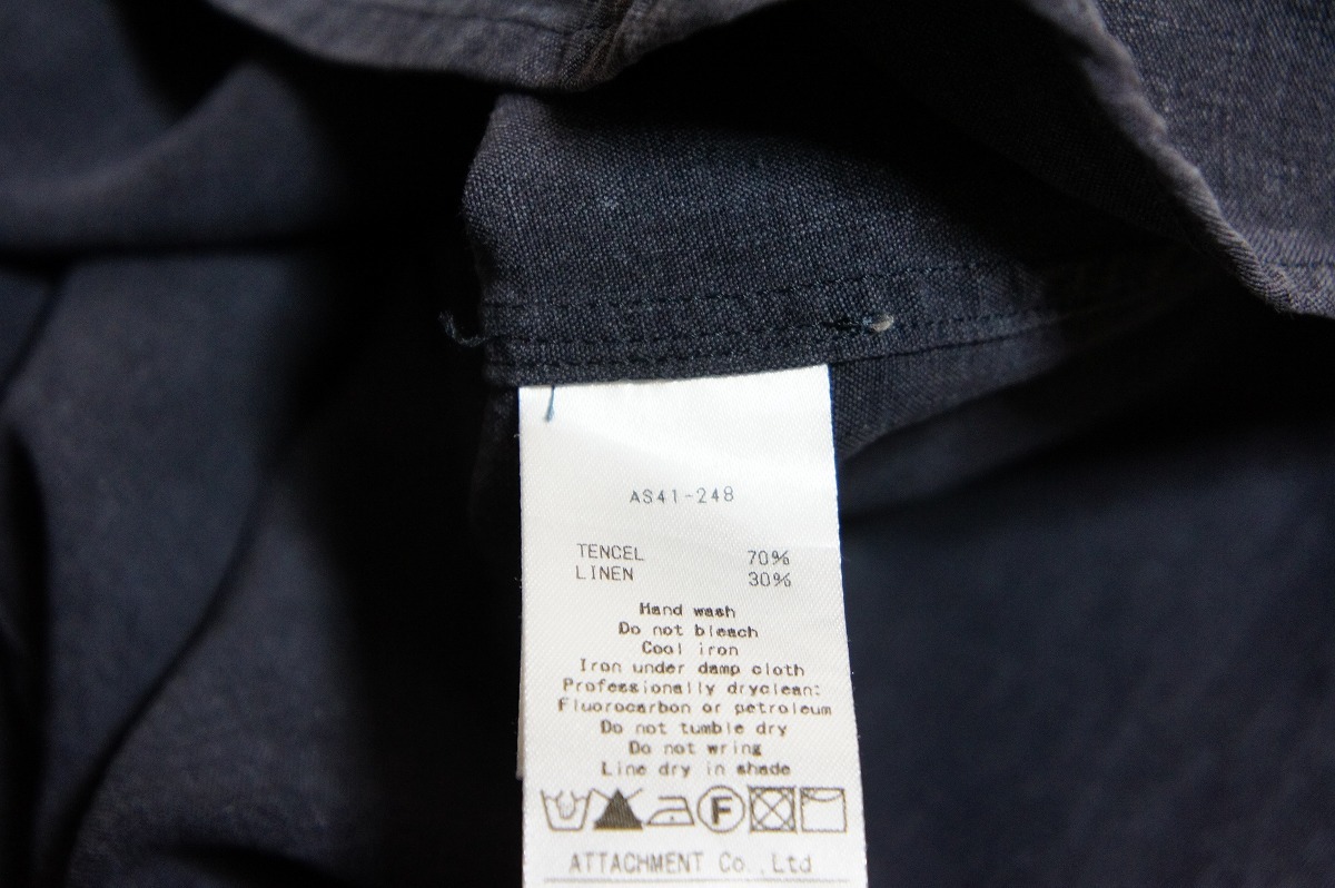 14SS ATTACHMENT テンセル リネン ポプリン ワッシャー パッチ ポケット シャツ S/S 半袖 シャツ AS41-248 サイズ1 紺 ネイビー 320Nの画像5